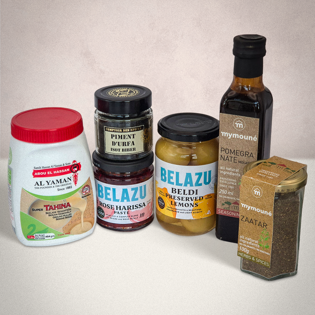 Ottolenghi geschenkpakket met tahini, rozenharissa, urfa peper, opgelegde citroenen , granaatappelmelasse en za'atar